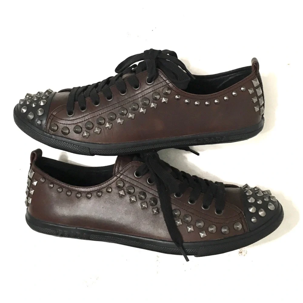 Prada Sport Mens Brown Spiked Leather Sneakers. Prada 9 = US size 10 - Picture 3 of 8